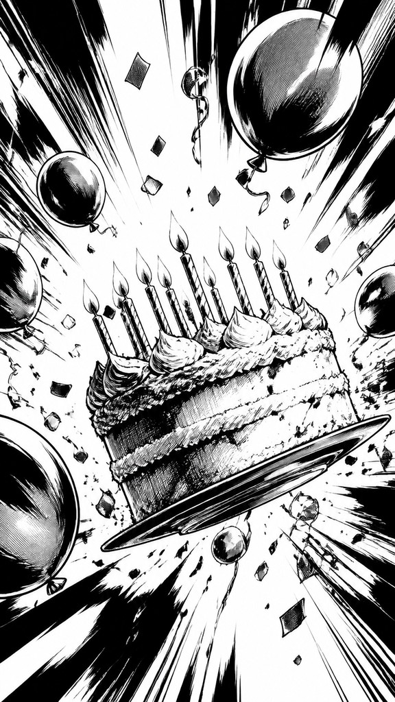 a birthday cake with lit candles surrounded by balloons and confetti, festive vertical composition, no text — Shonen Battle Manga Art Style birthday card