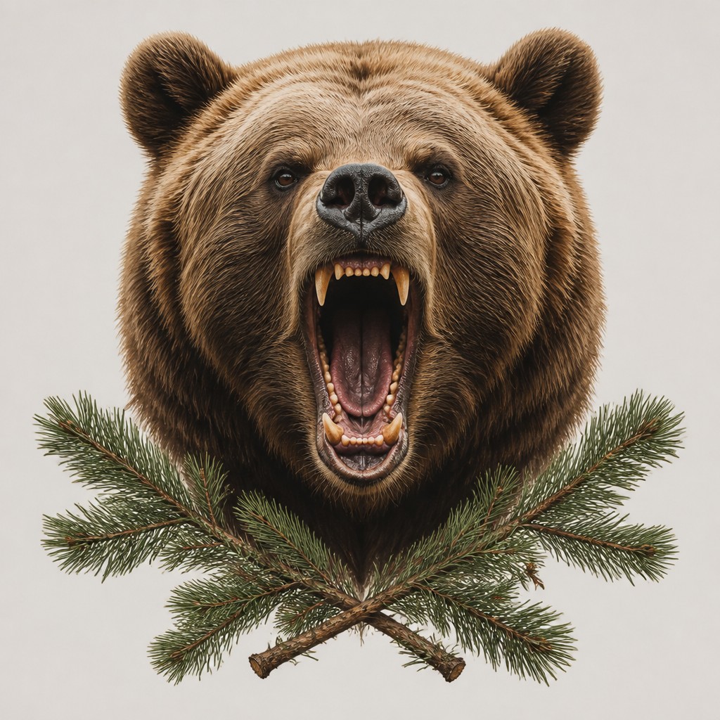 a roaring bear head above crossed pine branches, bold graphic composition on a plain background, no text — Realistic Landscape Art Style t-shirt design