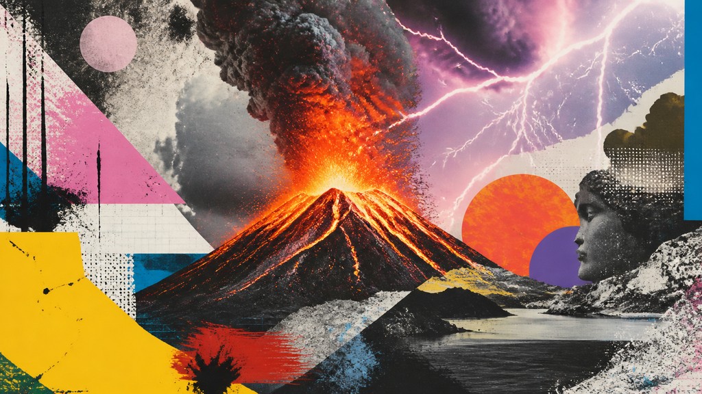 an erupting volcano with lightning strikes, dramatic wide composition, no text — Postmodernism Art Style YouTube thumbnail