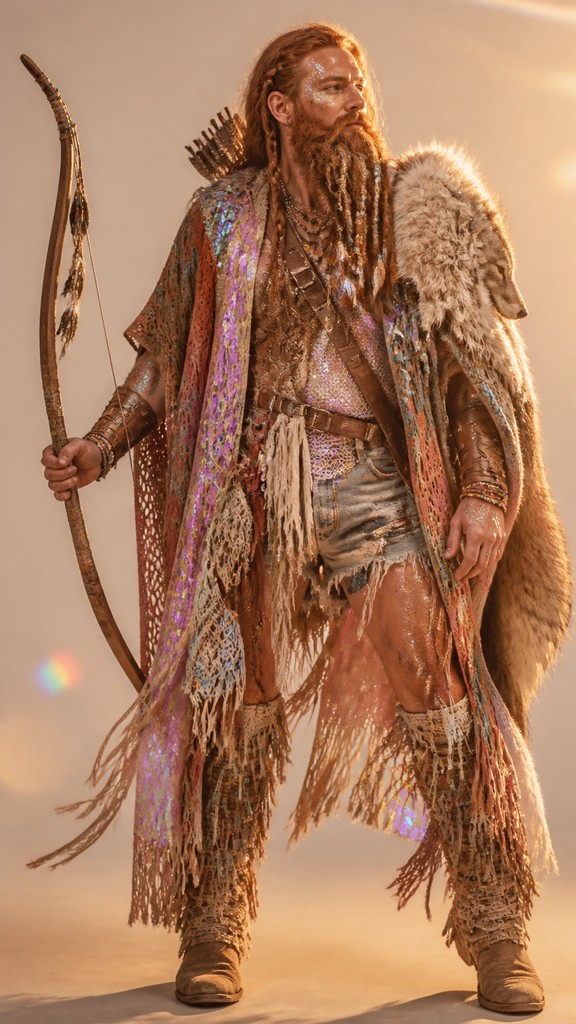 full-body original character: a dwarven ranger with a braided auburn beard, worn leather armor, a longbow and a wolf-pelt cloak, neutral background, no text — Festival Fashion Style tabletop character portrait