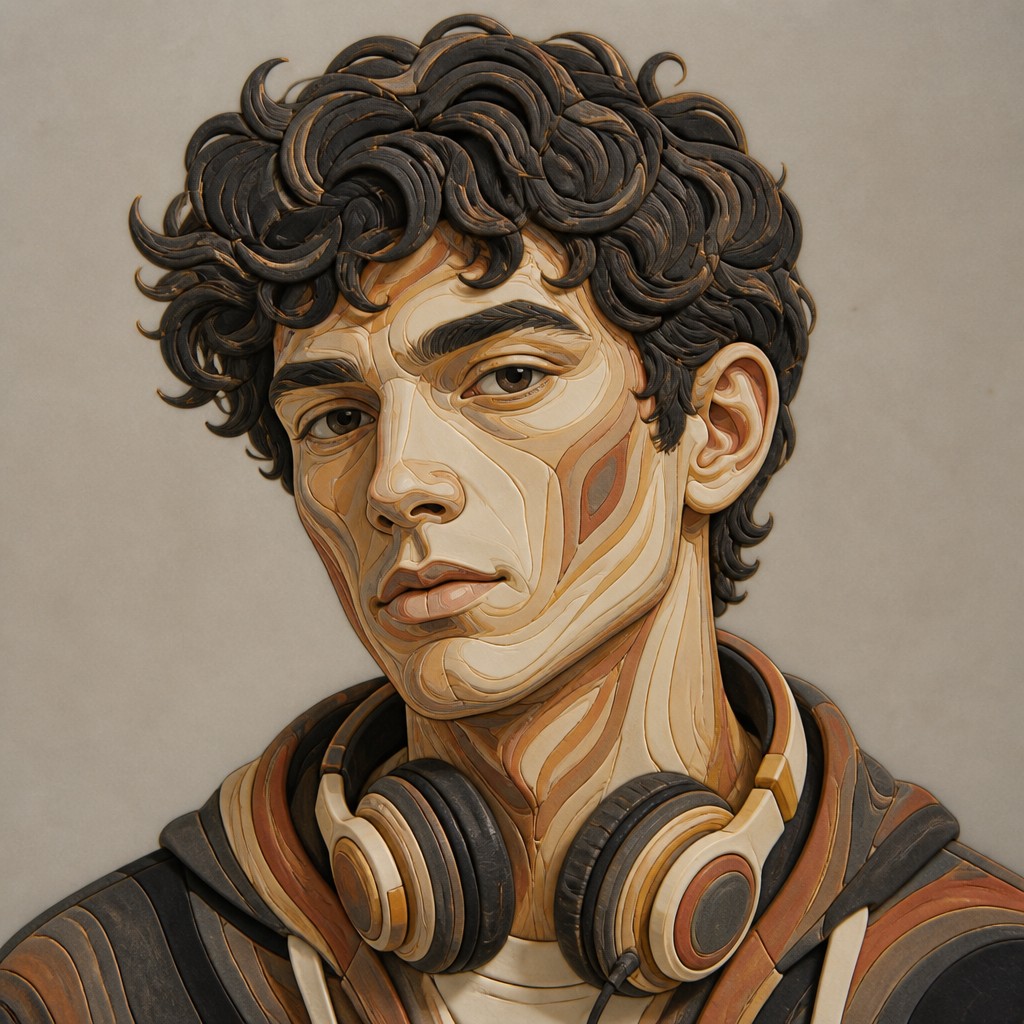 head-and-shoulders portrait of an original character: a young man with curly dark hair and headphones around his neck, plain backdrop, no text — Nerikomi Ceramic Art Style Discord profile picture