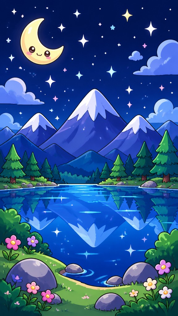a tranquil mountain lake beneath a starry night sky, no people, no text — Chibi Anime Art Style phone wallpaper