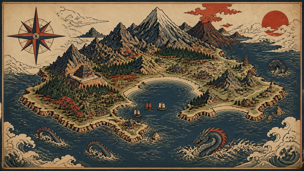 a map of an island realm with mountains, forests, a sheltered bay, sea monsters in the water and a compass rose, no text labels — Ukiyo-e Anime Fusion Portrait fantasy map