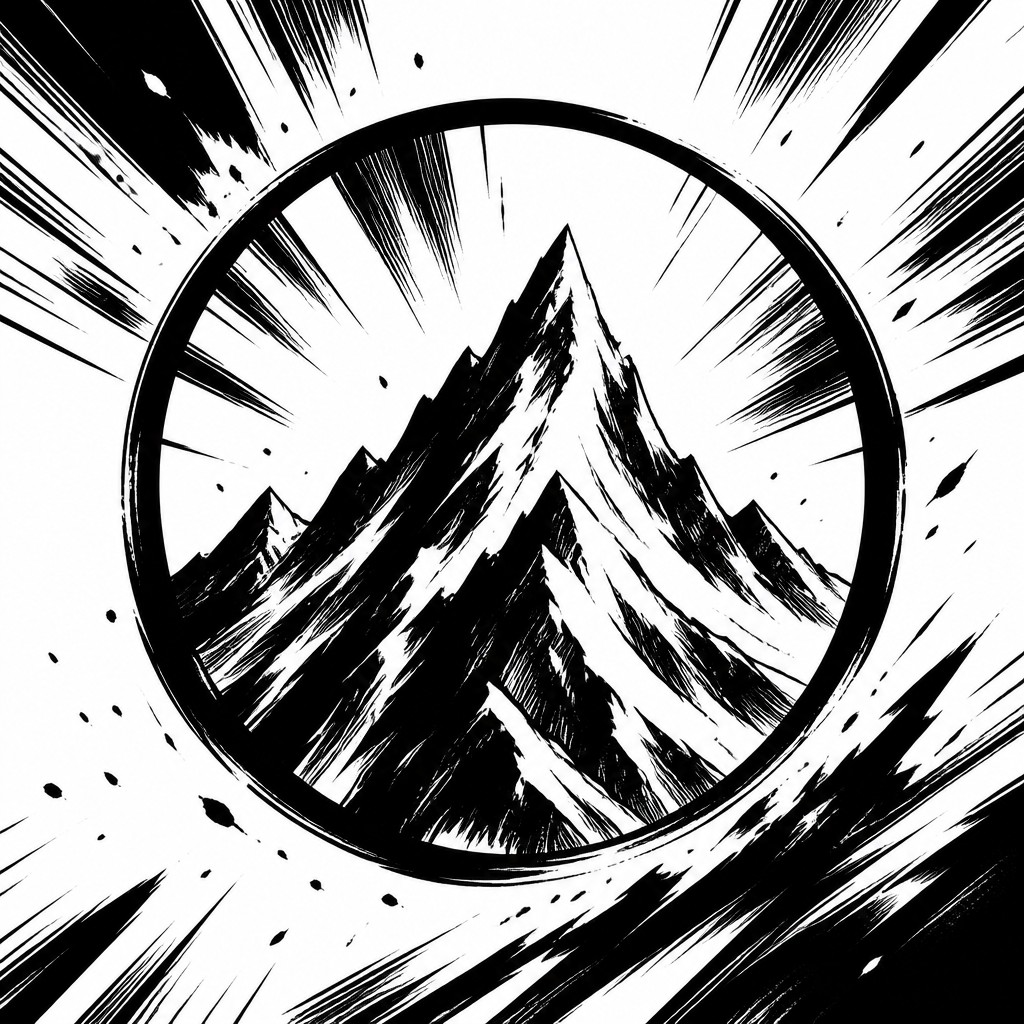 an emblem of a mountain peak inside a circle, simple bold shapes on a plain background, no text or lettering — Shonen Battle Manga Art Style logo concept