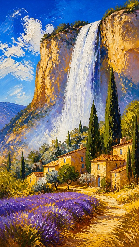 towering waterfall cascading down a cliff — Provence Light Art Style