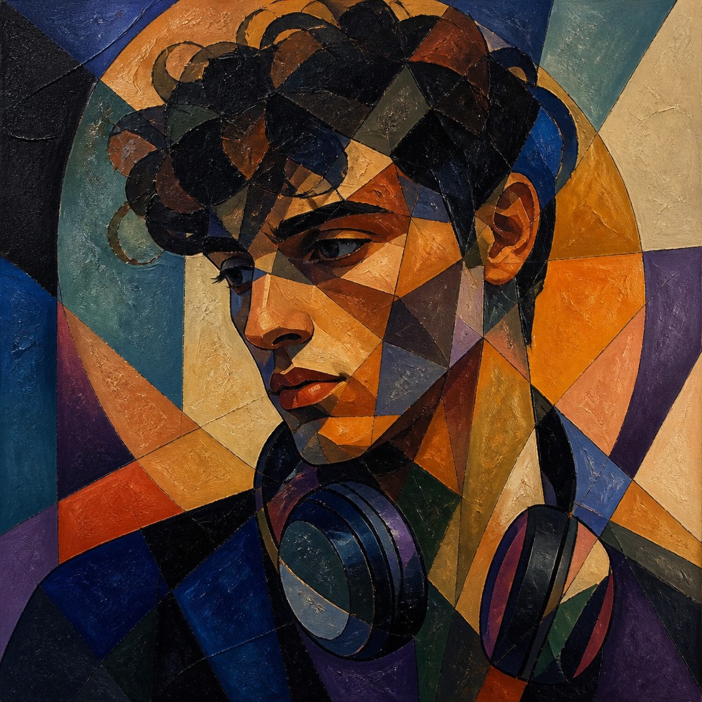 head-and-shoulders portrait of an original character: a young man with curly dark hair and headphones around his neck, plain backdrop, no text — Abstract Still Life Art Style Discord profile picture