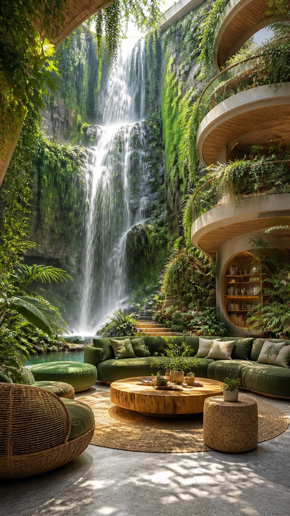 towering waterfall cascading down a cliff — Biophilic Interior Design