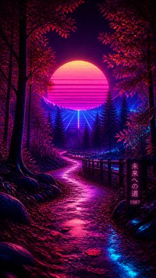 a winding forest path in golden autumn light, no people — Synthwave Aesthetic wallpaper