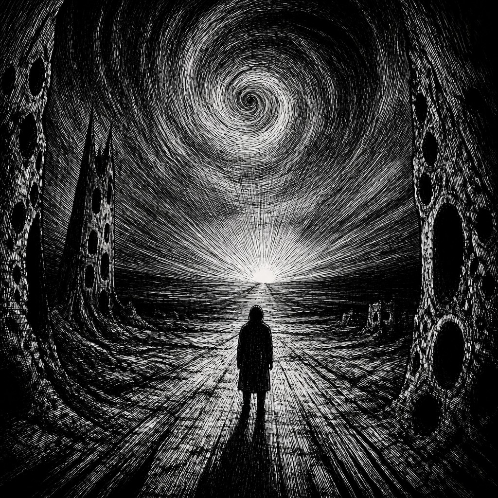 a solitary figure walking toward a glowing horizon across an empty plain, moody atmosphere, no text or lettering — Horror Manga Art Style album cover