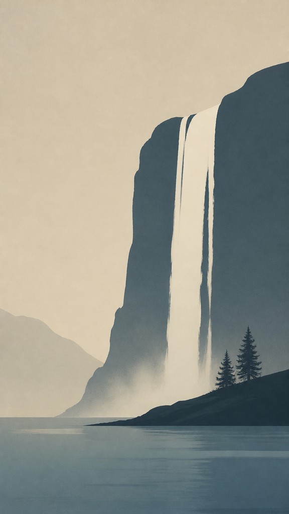 towering waterfall cascading down a cliff — Minimalist Landscape Art Style