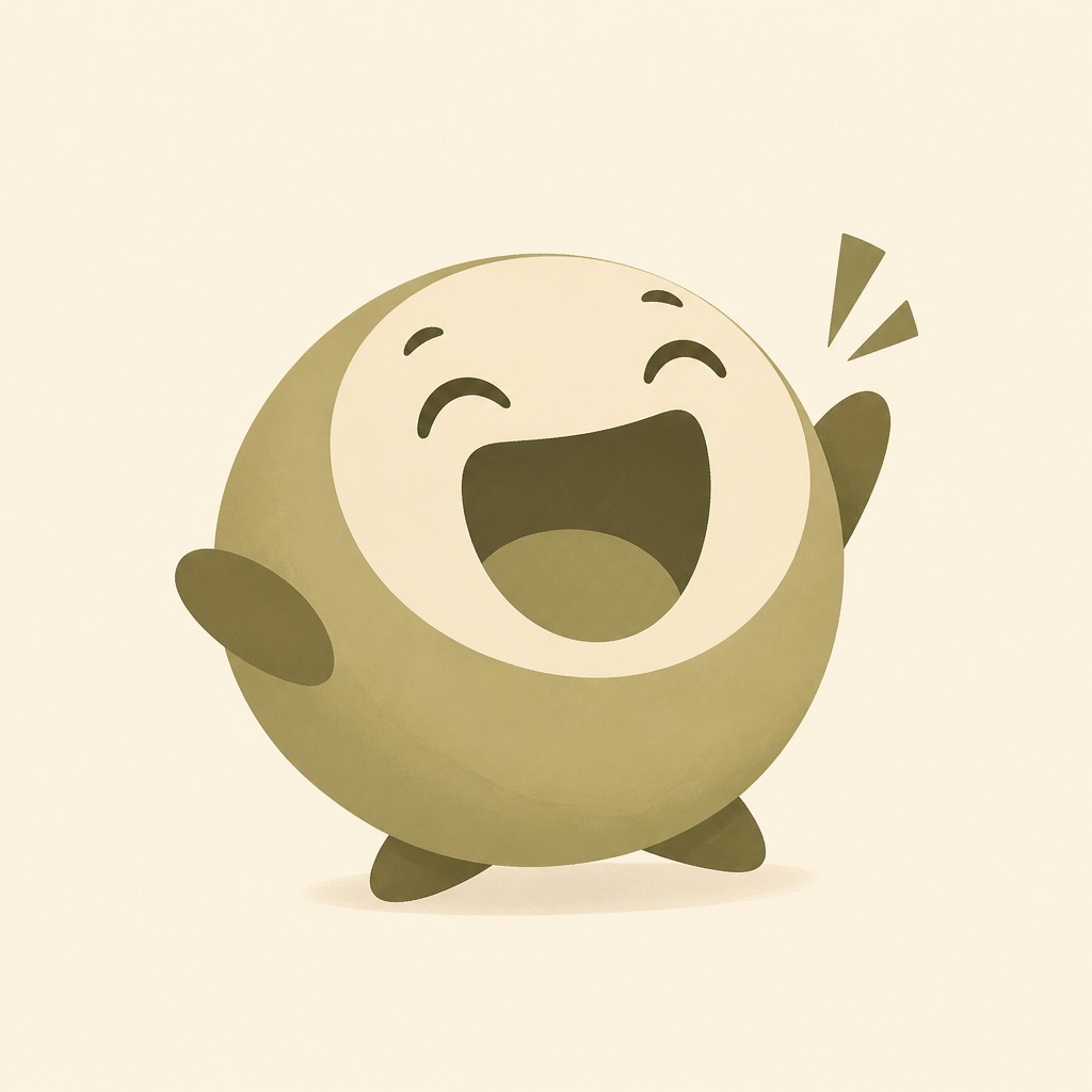 an exaggerated laughing face of an original round mascot character, bold and readable at small size, plain background, no text — Minimalist Nature Art Twitch emote