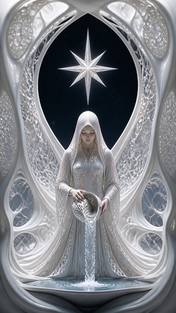 a robed figure pouring water beneath a large eight-pointed star in a night sky, symmetrical composition with an ornate decorative border, no text — Parametric Architecture tarot card