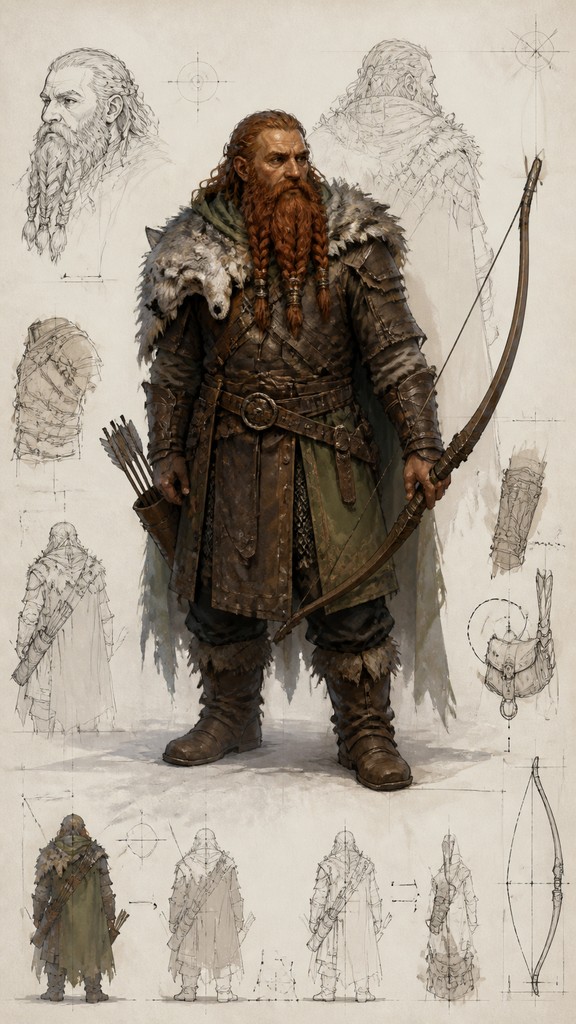 full-body original character: a dwarven ranger with a braided auburn beard, worn leather armor, a longbow and a wolf-pelt cloak, neutral background, no text — Participatory Contemporary Art Style tabletop character portrait
