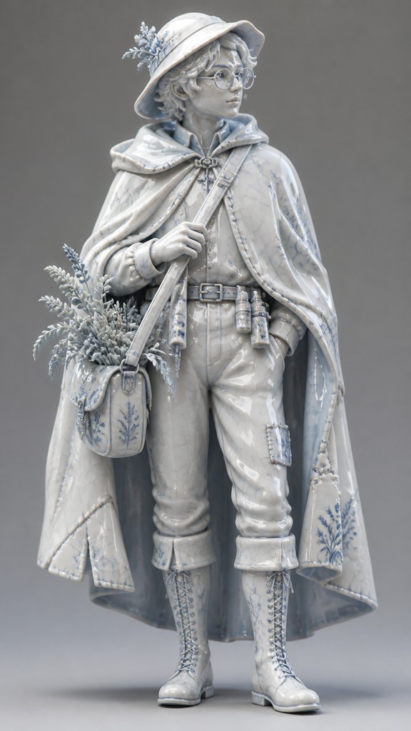full-body original character: a wandering botanist with a satchel of plants, a patched green cloak, tall boots and round glasses, neutral background — Porcelain Glaze character design