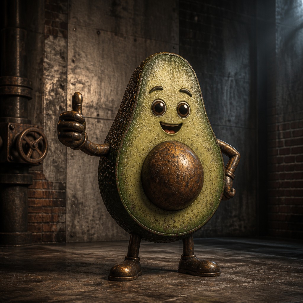 a happy avocado character giving a thumbs up, bold readable design on a plain background, no text — Industrial Interior Design sticker