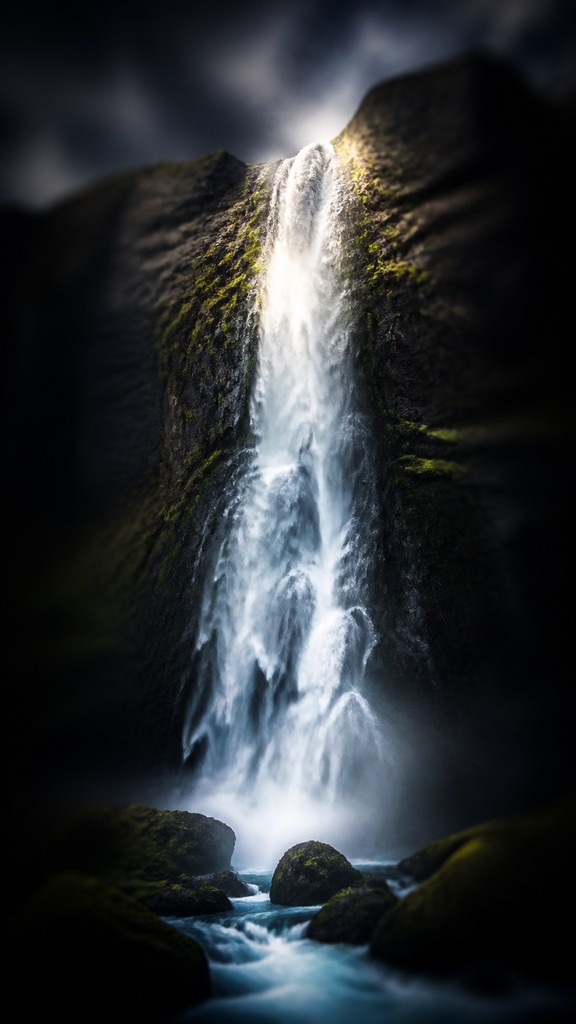 towering waterfall cascading down a cliff — Dramatic Emphasis Art Style