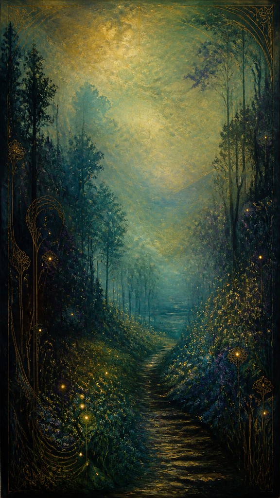 a mysterious forest path with fireflies and drifting mist, atmospheric vertical composition with open space at the top, no text — Symbolism Art Style book cover