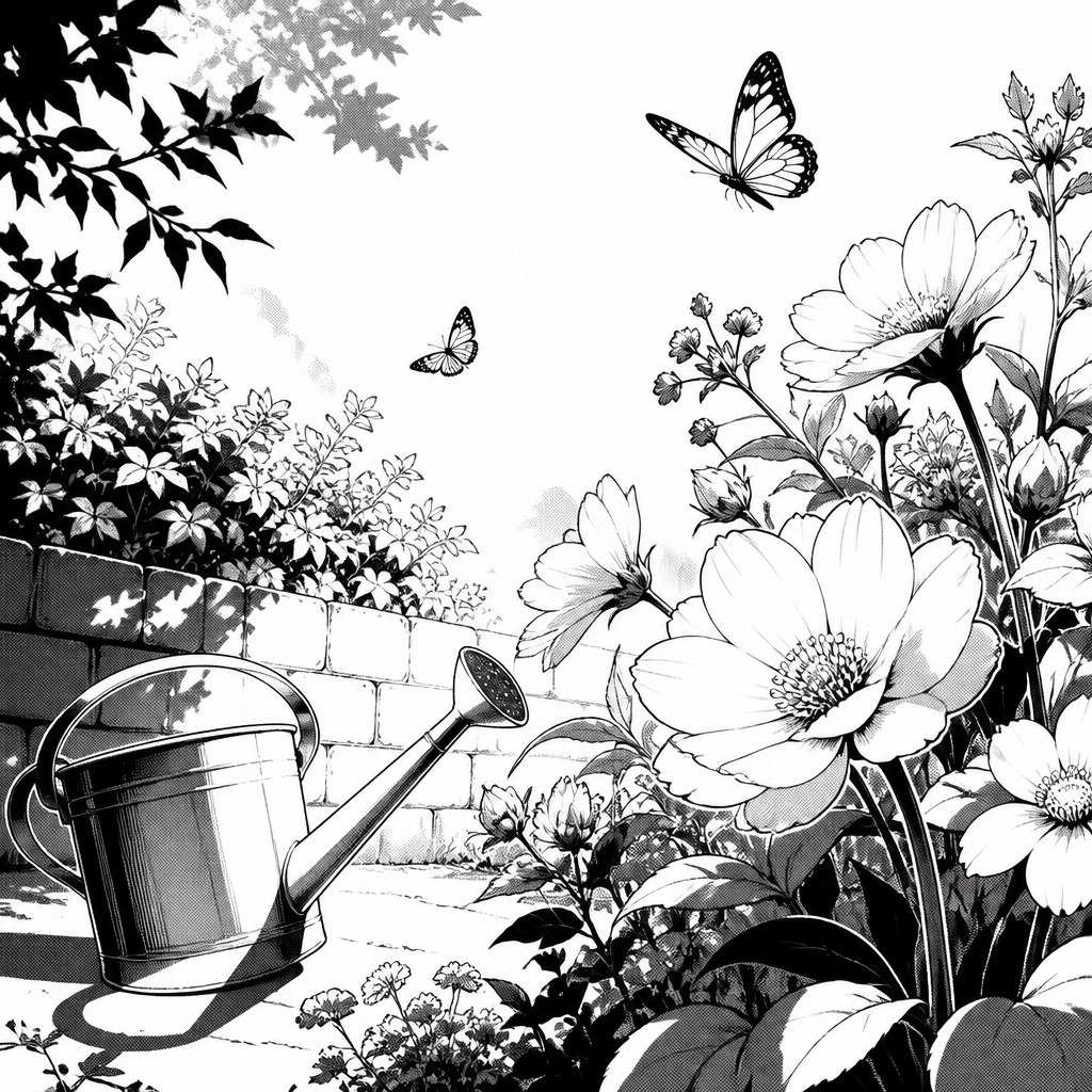 a garden scene with butterflies, flowers and a watering can, clean uncolored line art, no text — Manga Art Style coloring page