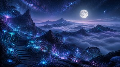 a wide alpine ridge above a sea of clouds, no people — Lunarpunk Aesthetic wallpaper