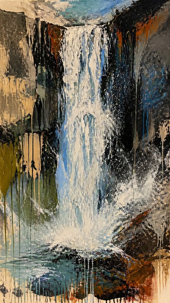 towering waterfall cascading down a cliff — Abstract Expressionism Art Style