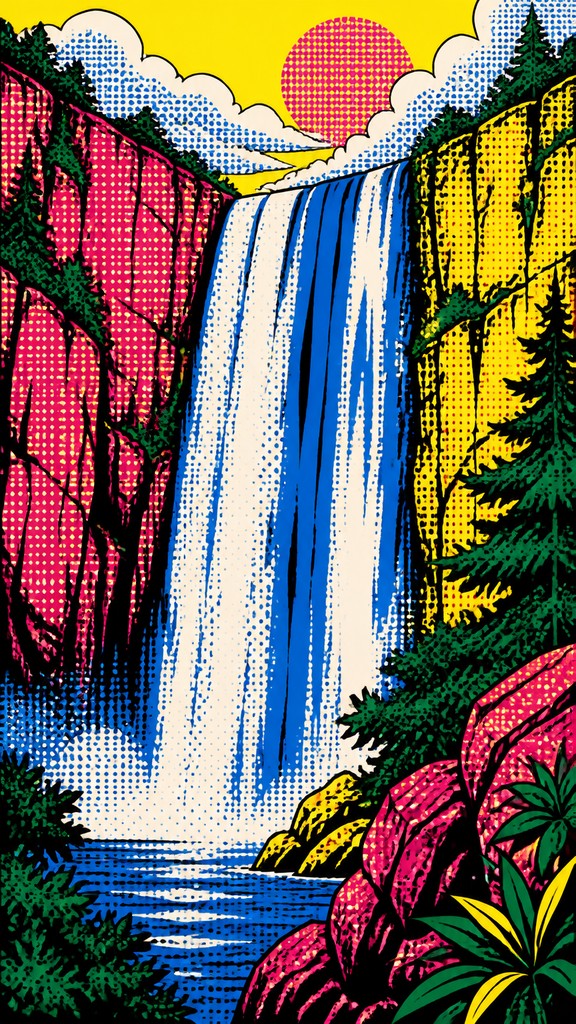 towering waterfall cascading down a cliff — Pop Art Still Life Art Style