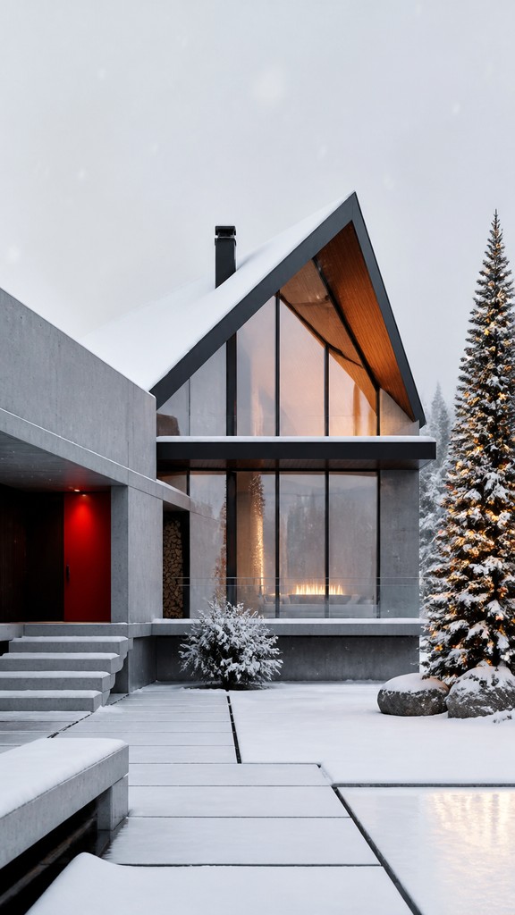 a snow-covered cottage with warm glowing windows beside a decorated pine tree, gentle snowfall, no text — Modern Architecture Art Christmas card