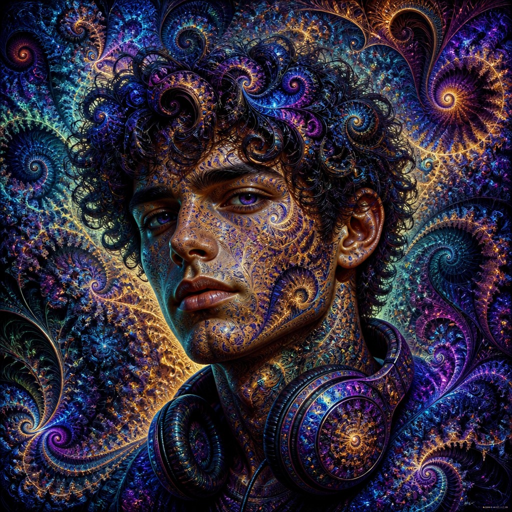 head-and-shoulders portrait of an original character: a young man with curly dark hair and headphones around his neck, plain backdrop, no text — Fractal Abstract Art Style Discord profile picture