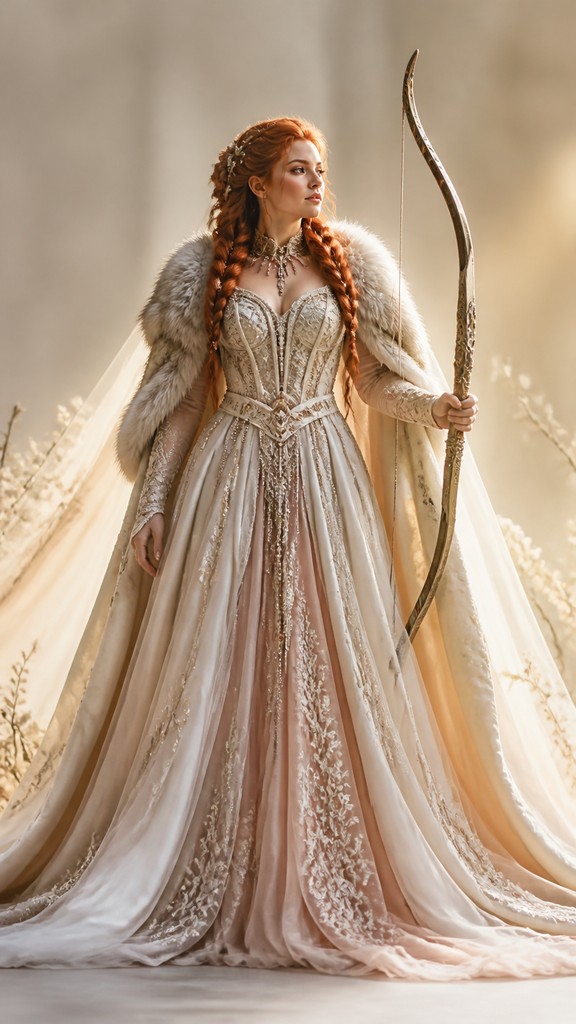 full-body original character: a dwarven ranger with a braided auburn beard, worn leather armor, a longbow and a wolf-pelt cloak, neutral background, no text — Bridal Couture Fashion Design tabletop character portrait