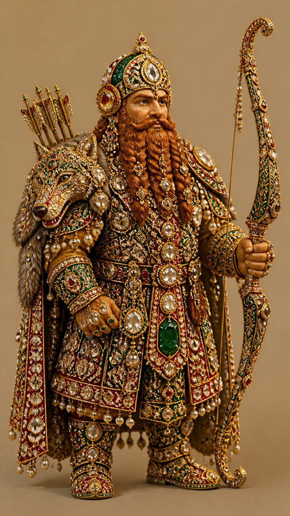 full-body original character: a dwarven ranger with a braided auburn beard, worn leather armor, a longbow and a wolf-pelt cloak, neutral background, no text — Mughal Jewelry Design tabletop character portrait