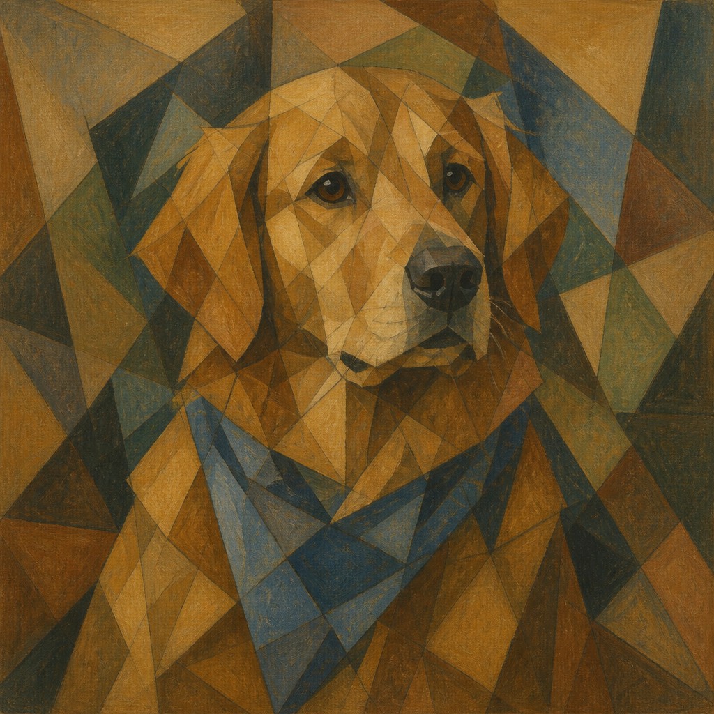 portrait of a golden retriever wearing a blue bandana, warm plain backdrop, no text — Proto-Cubism Art Style pet portrait