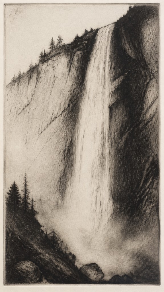 towering waterfall cascading down a cliff — Drypoint Print Style
