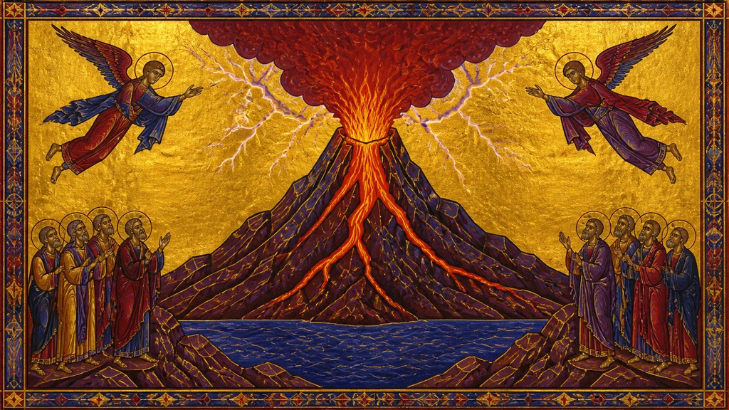 an erupting volcano with lightning strikes, dramatic wide composition, no text — Byzantine Religious Art YouTube thumbnail