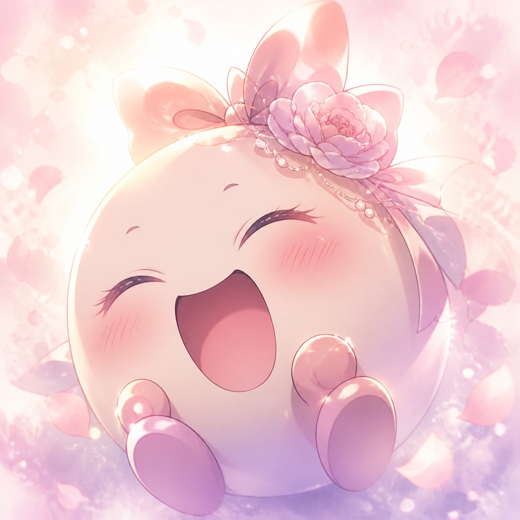an exaggerated laughing face of an original round mascot character, bold and readable at small size, plain background, no text — Shoujo Romance Anime Art Style Twitch emote