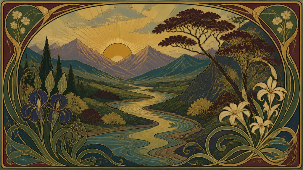 a vast valley with a river winding toward distant mountains at sunrise, no people, no text — Art Nouveau Style desktop wallpaper