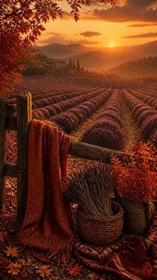 a field of lavender stretching to distant hills at dusk, no people — Autumncore Aesthetic wallpaper