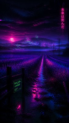 a field of lavender stretching to distant hills at dusk, no people — Cyberpunk Art Style wallpaper