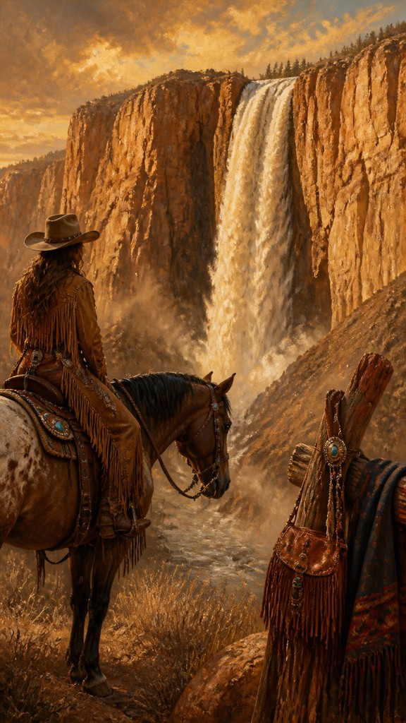 towering waterfall cascading down a cliff — Cowboycore Aesthetic