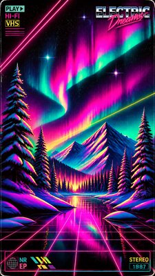a snowy pine forest under the northern lights, no people — 80s Retro Aesthetic wallpaper