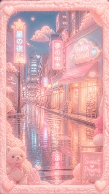 a quiet rainy city street at night reflecting neon signs, no people — Soft Girl Aesthetic wallpaper