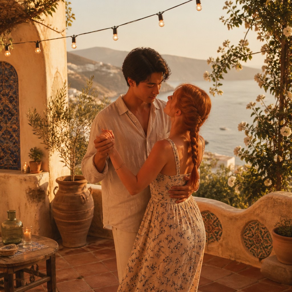 an original couple dancing under string lights in a garden at dusk: a man with short black hair in a linen shirt and a woman with braided red hair in a summer dress — Mediterranean Architecture Art couple portrait