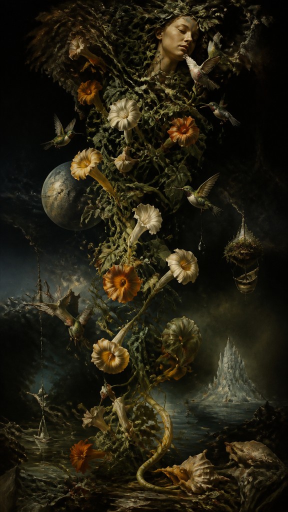 a climbing vine of flowers and hummingbirds on a dark background, tall wrapping composition, no text — Surrealism Art Style phone case design