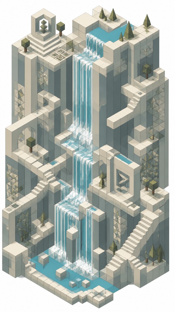 towering waterfall cascading down a cliff — Isometric Geometric Art