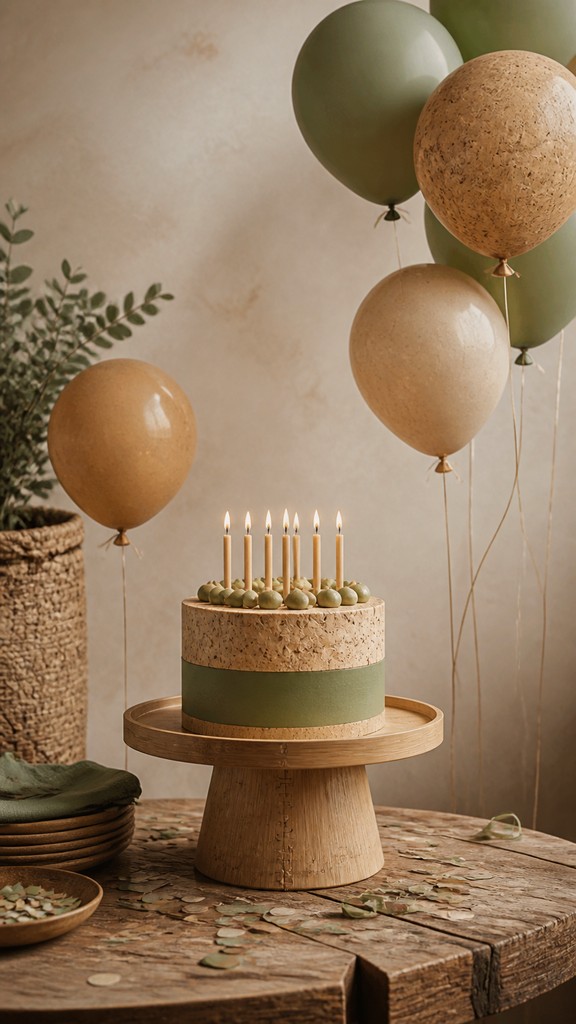 a birthday cake with lit candles surrounded by balloons and confetti, festive vertical composition, no text — Sustainable Eco Furniture Art birthday card