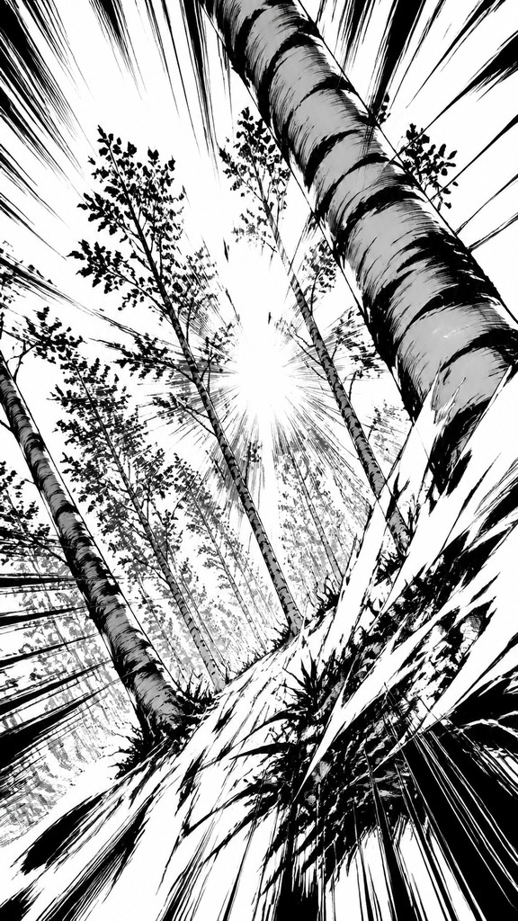 a serene birch forest in soft morning light, no people, no text — Shonen Battle Manga Art Style wall art print