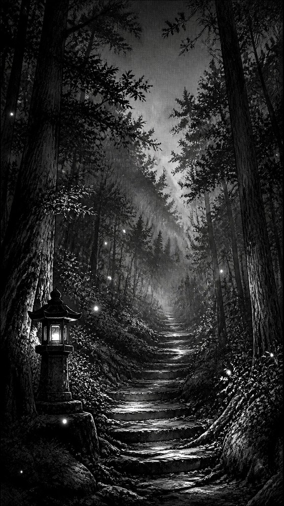 a mysterious forest path with fireflies and drifting mist, atmospheric vertical composition with open space at the top, no text — Seinen Mature Manga Art Style book cover