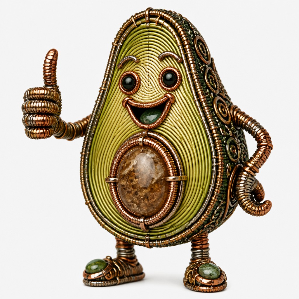 a happy avocado character giving a thumbs up, bold readable design on a plain background, no text — Wire-Wrapped Jewelry Style sticker