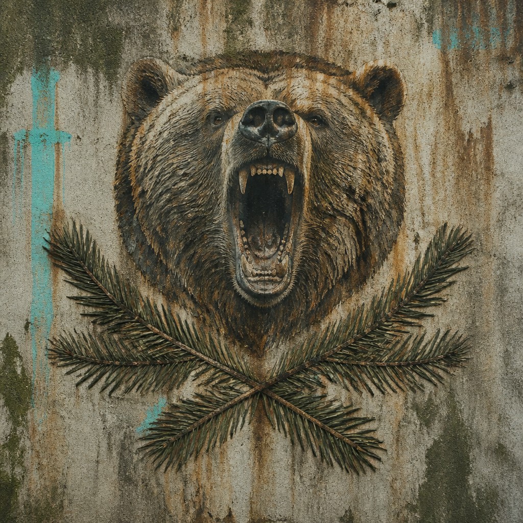 a roaring bear head above crossed pine branches, bold graphic composition on a plain background, no text — Environmental Art Style t-shirt design
