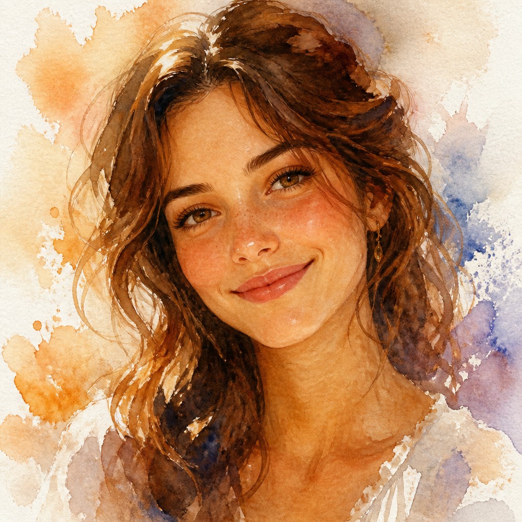 head-and-shoulders portrait of an original character: a young woman with wavy chestnut hair and a warm smile, plain soft backdrop — Watercolor Portrait Art Style profile picture