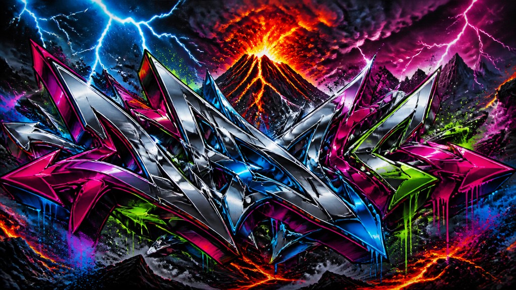 an erupting volcano with lightning strikes, dramatic wide composition, no text — Wildstyle Graffiti Street Art Style YouTube thumbnail