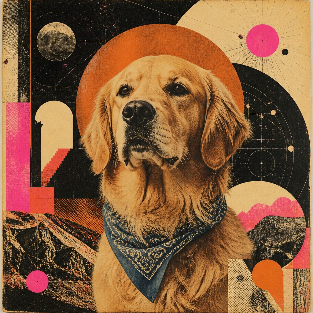 portrait of a golden retriever wearing a blue bandana, warm plain backdrop, no text — Retro-Futuristic Pop Surrealism pet portrait